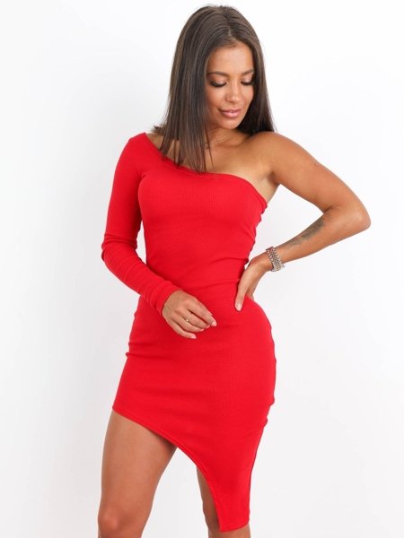 Asymetryczna sukienka na jedno ramię z prążka czerwona a160 k01 czerwony |  WASSYL | Creative Fashion