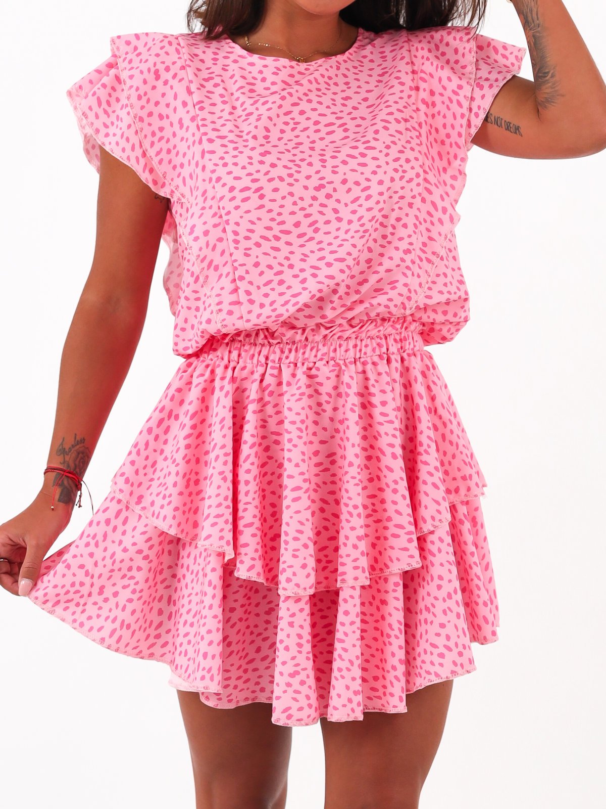 Asymmetrical Dress With Ruffles | pink with spots B62