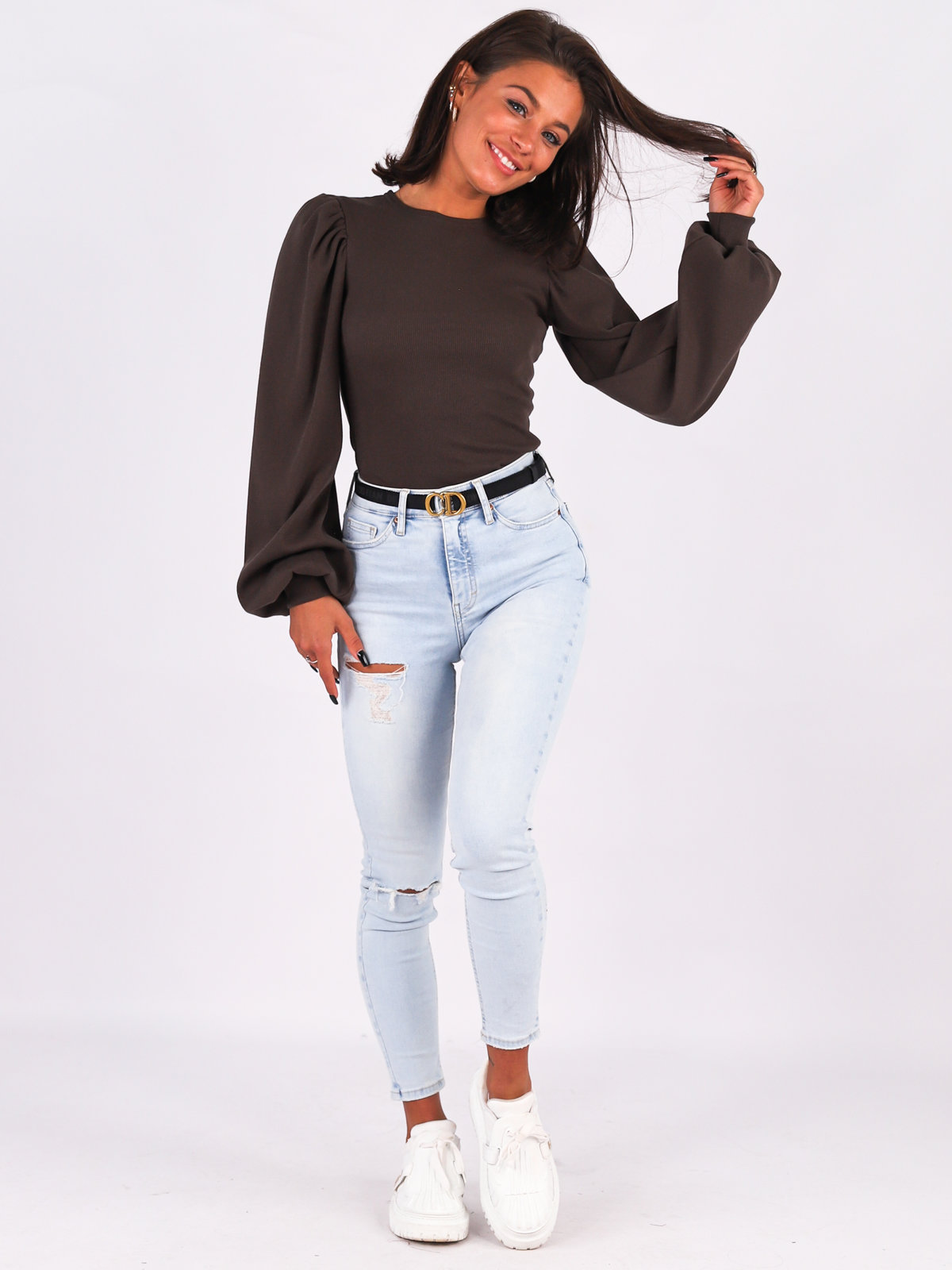 Cotton Blouse With Ribbed Sleeves | chocolate B264