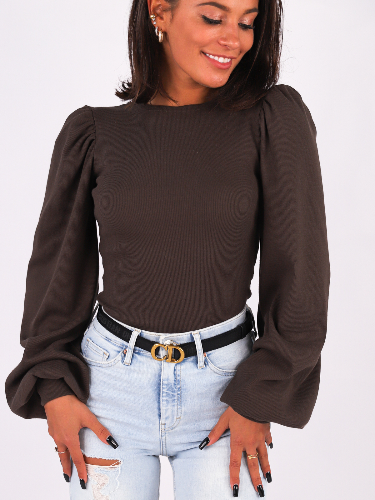Cotton Blouse With Ribbed Sleeves | chocolate B264