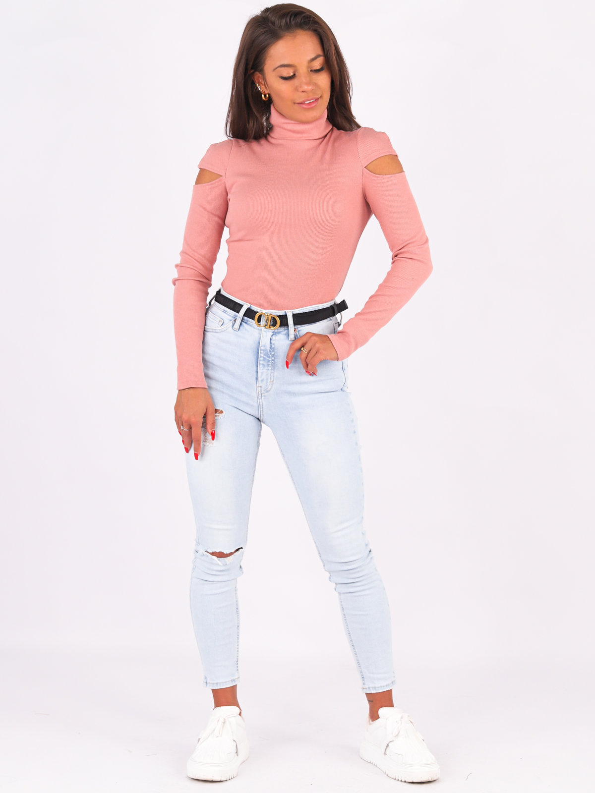 Cotton Blouse With Turtleneck And Cutout Shoulders | dirty pink B222