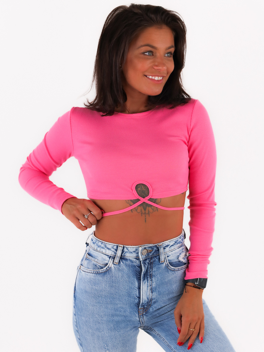 Cotton crop top with long sleeves and a tie on the stomach candy pink C351
