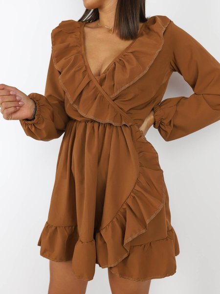 Envelope Dress With Ruffle Neckline | brown X221