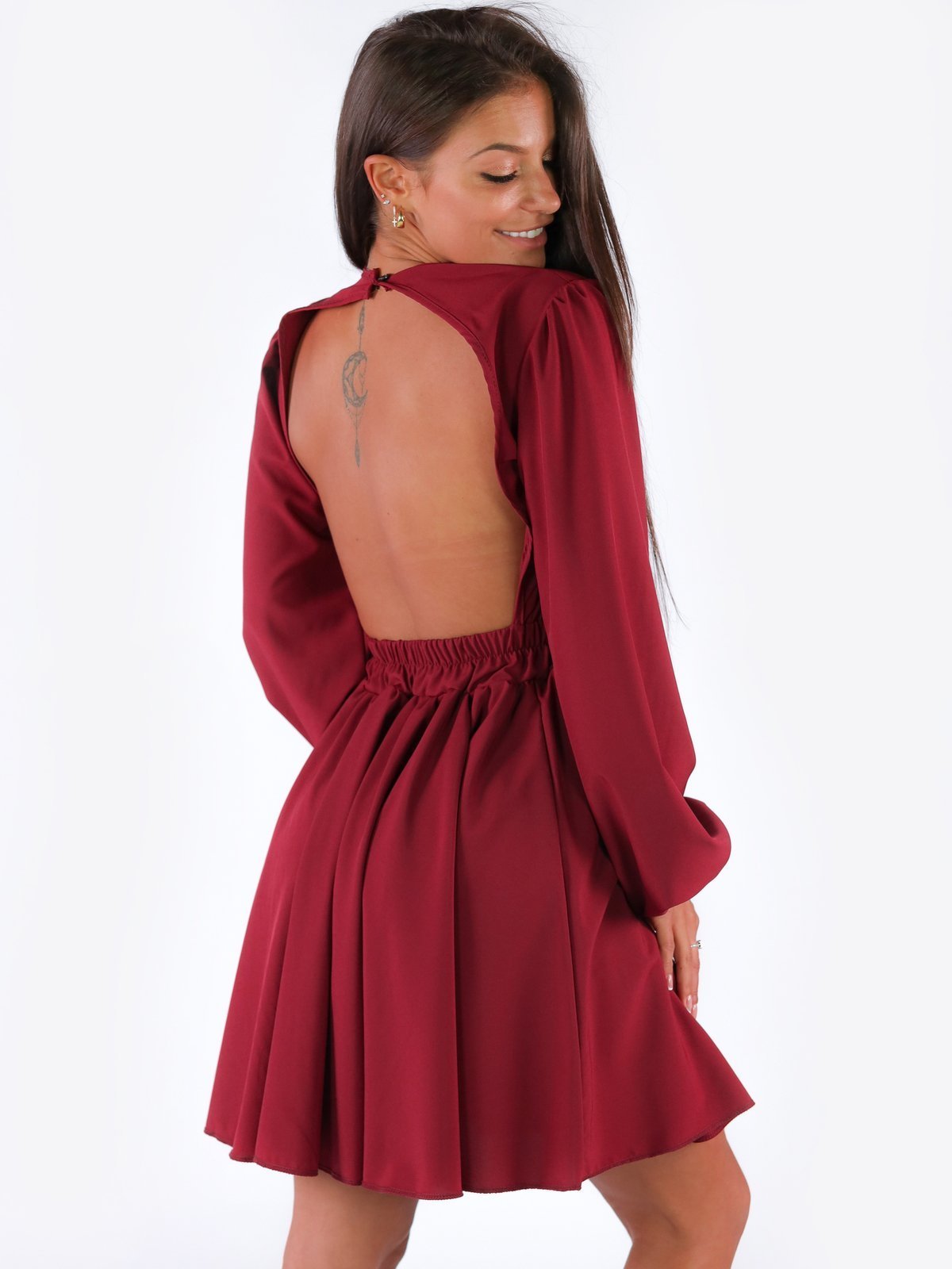 Flared Dress With Bare Back | maroon B160