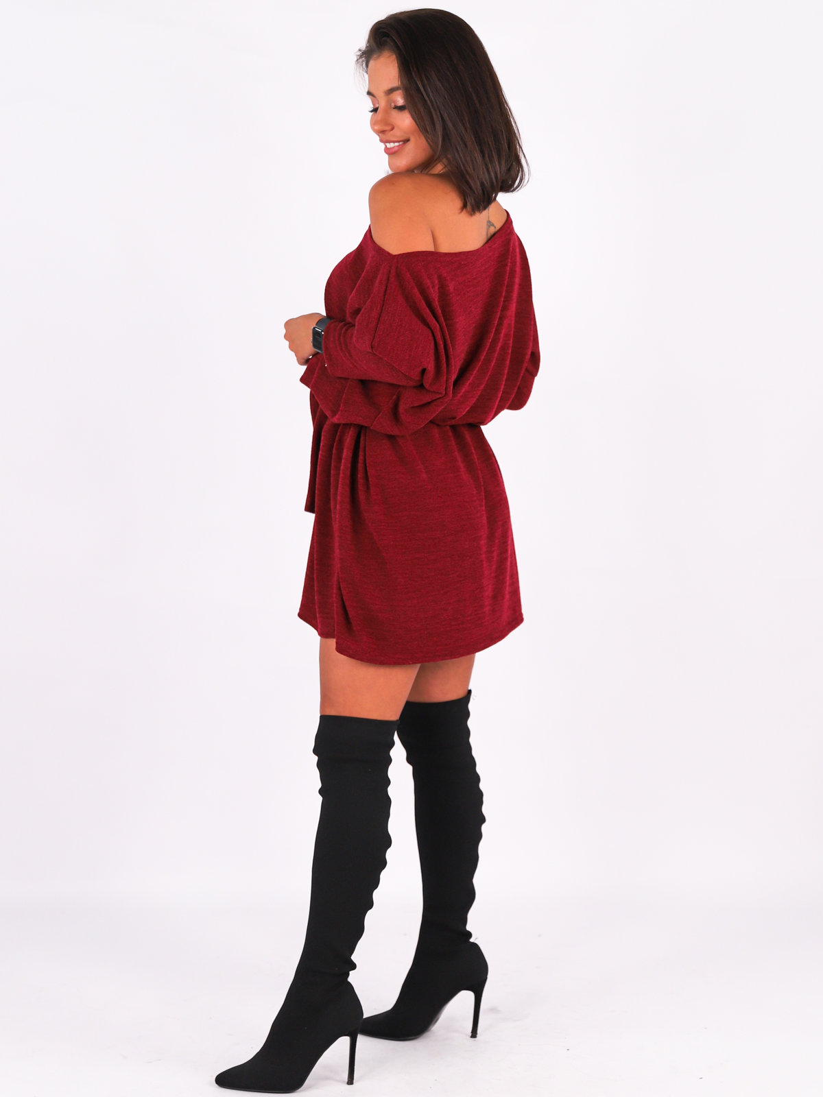 Oversized Knitted Dress With Belt | maroon B255