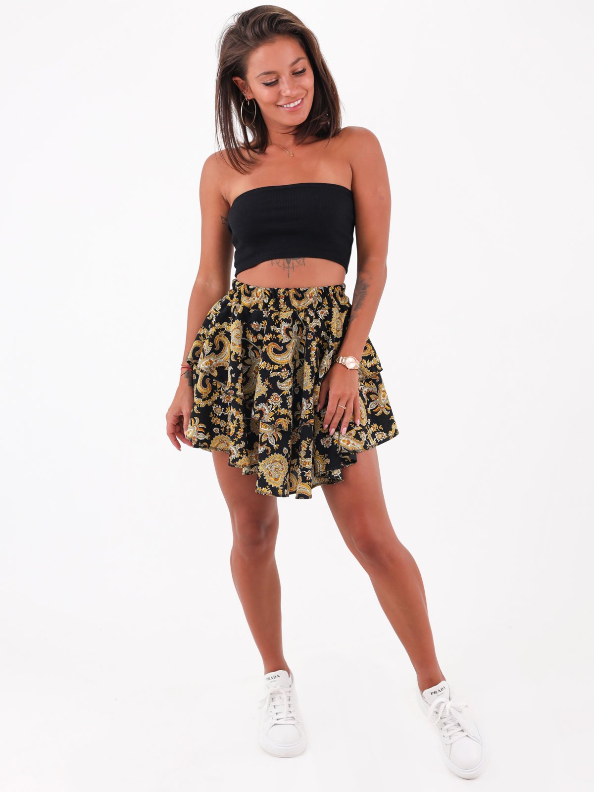 Ruffled Flowy Miniskirt | black with golden patterns B73