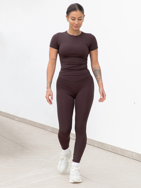 FITNESS / SIŁOWNIA / JOGA dopasowana BLUZKA z krótkim rękawem czekoladowa F100