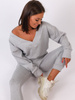 Dres swetrowy komplet bluza dekolt v+spodnie szary b28 k01