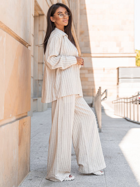 Lniana oversizowa dłuższa KOSZULA beżowa w tenisowy prążek X250 k01