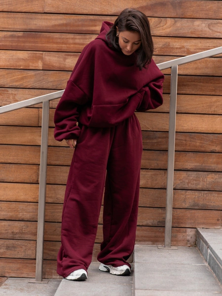 Dresowe bawełniane SPODNIE  z szerokimi nogawkami bordowe X31