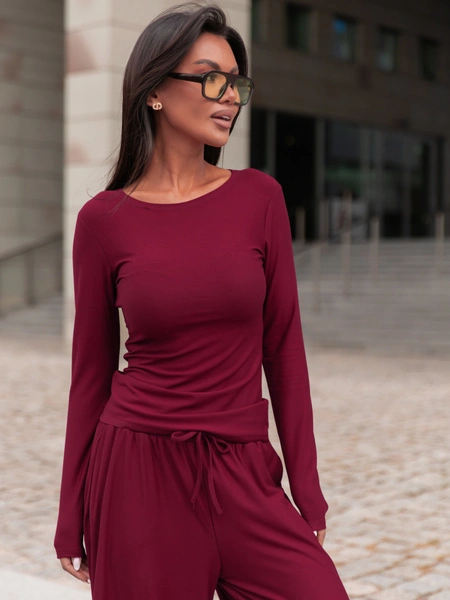 Wiscozowa dopasowana BLUZKA z długim rękawem bordowa X417