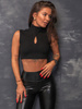 Krótki TOP bez rękawów z półgolfem z miękkiej sweterkowej dzianiny czarny D574 k01