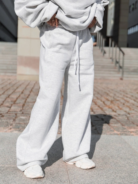 Dresowe bawełniane SPODNIE oversize ze średnim stanem z przeszyciami szary melanż X401