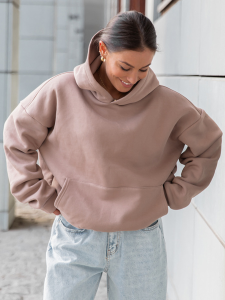 Dresowa bawełniana BLUZA z kapturem kangurka o klasycznym kroju mokka X350