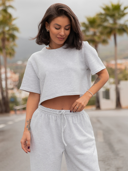 Dresowy bawełniany T-SHIRT z krótkim rękawem oversize szary melanż X56 k01