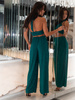 Elegancki brokatowy KOMPLET top halter i szerokie spodnie zielony E653 k01
