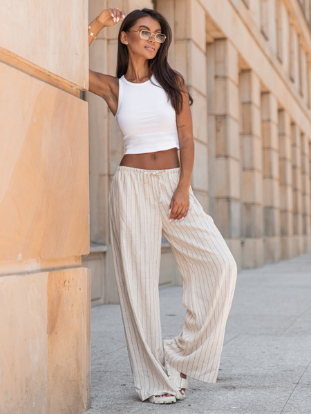 Lniane luźne długie SPODNIE z niższym stanem beżowe w tenisowy prążek X251 k01