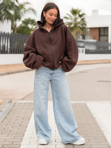 Oversizowa BLUZA z kapturem zapinana na zamek bluzowana kangurka z bawełnianej dresówki brązowa X1