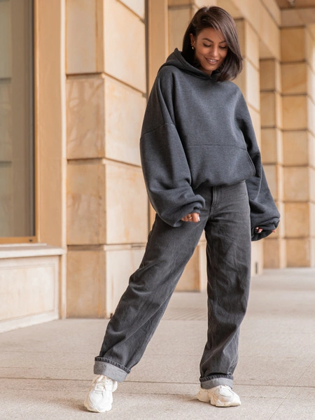 Viralowa Dresowa bawełniana BLUZA z kapturem oversize szeroka grafit melanż E644 k01