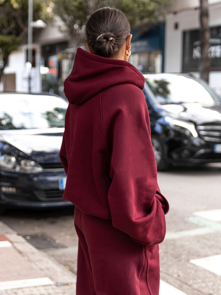 Dresowa bawełniana BLUZA z kapturem oversize z raglanowymi rękawami bordowa X509