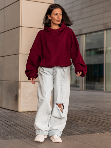 Viralowa Bawełniana BLUZA z drapanego dresu z kapturem na stójce z kieszeniami kangurka bordowa E1