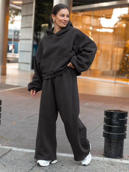 Bawełniane dresowe SPODNIE szeroki krój bez ściągaczy z dresu drapanego dark chocolate X512