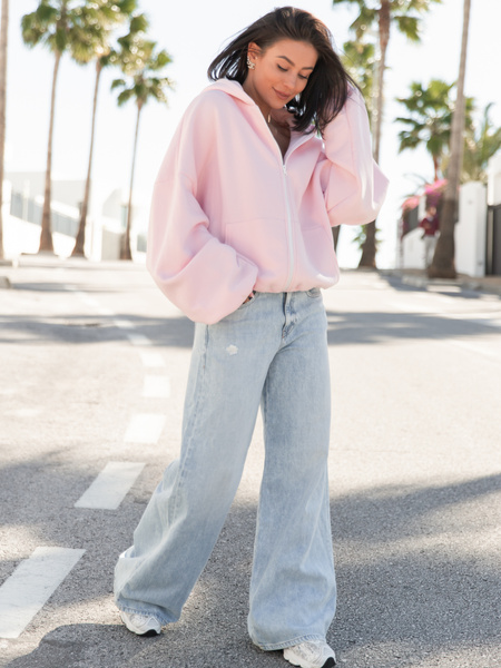 Oversizowa BLUZA z kapturem zapinana na zamek bluzowana kangurka z bawełnianej dresówki baby pink X1
