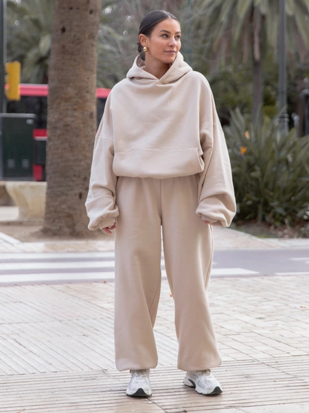 Oversizowy KOMPLET z drapanego bawełnianego dresu szeroka bluza z kapturem kangurka i spodnie szerokie baggy beżowy E644 + E643