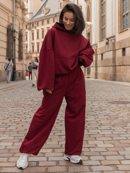 Luźne SPODNIE baggy z bawełnianej dresówki niedrapanej od wewnątrz bordowe X151