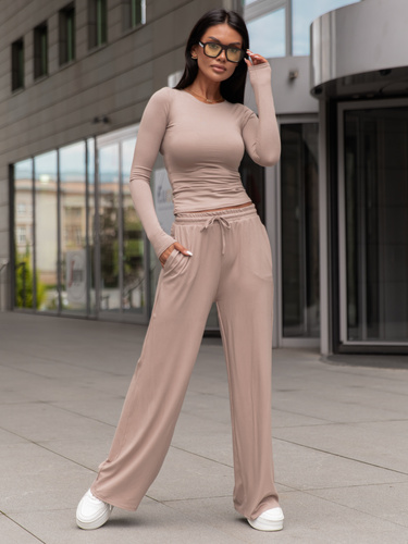 Wiskozowy KOMPLET dopasowana bluzka z długim rękawem i luźne spodnie mokka E351