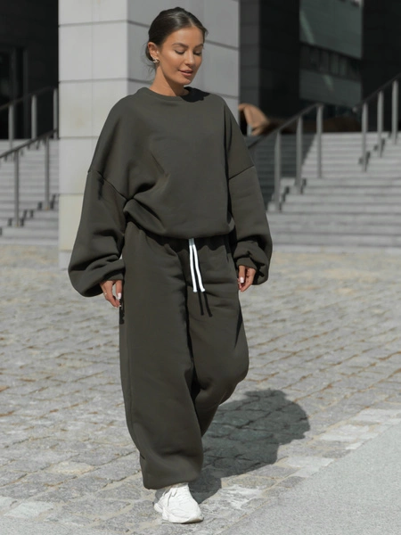 Dresowe bawełniane SPODNIE baggy niski stan dark khaki X403