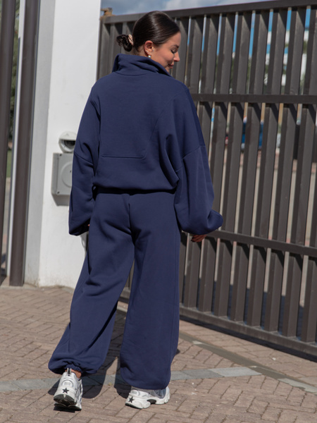 Oversizowe bawełniane SPODNIE dresu drapanego z przeszyciem i ściągaczami navy blue X476