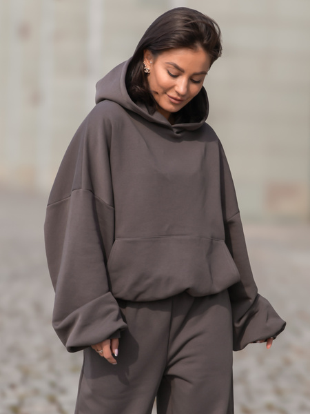 Viralowa Dresowa bawełniana BLUZA z kapturem oversize szeroka dark mokka E644