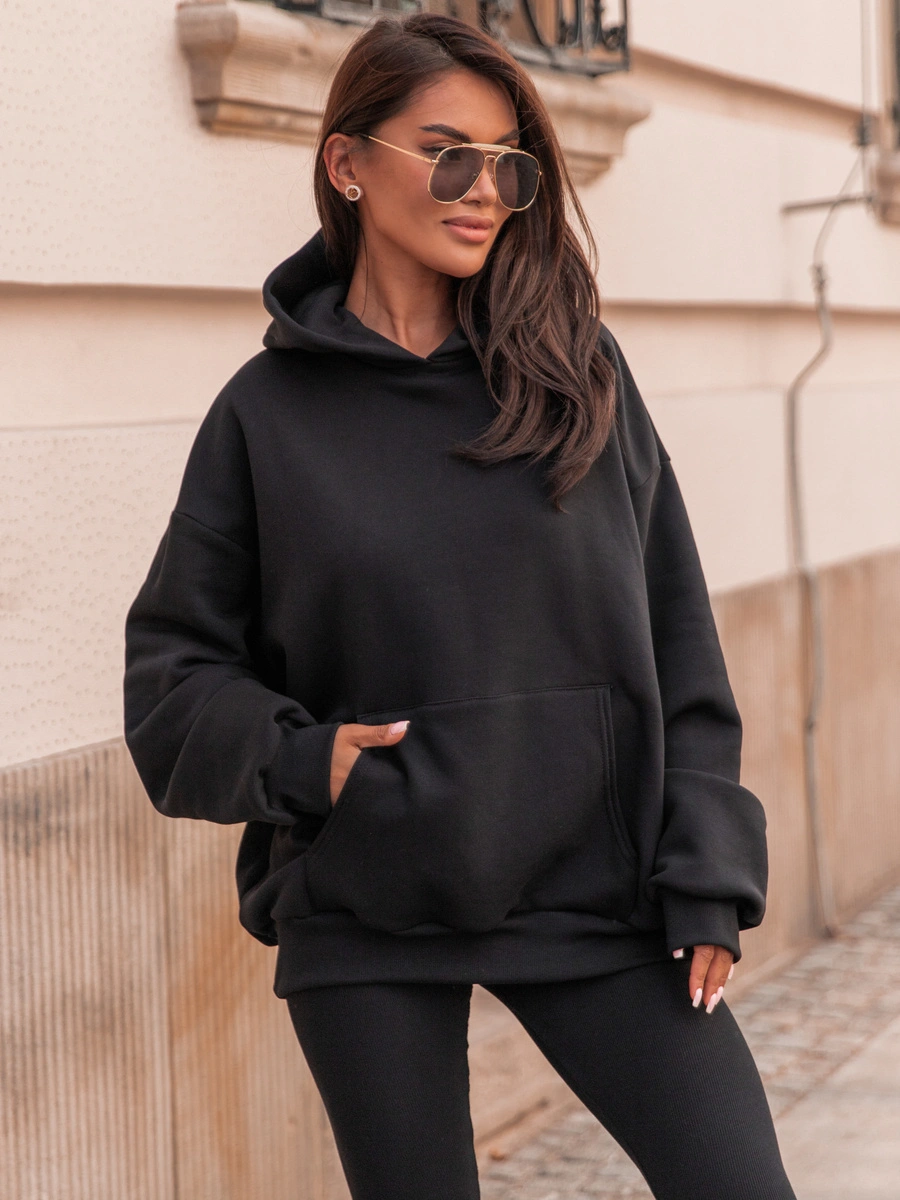 Bawełniana dresowa BLUZA oversize z kapturem i mankietami z prążkowanej dzianiny czarna E340 k01