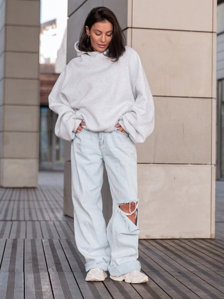 Viralowa Bawełniana BLUZA z drapanego dresu z kapturem na stójce z kieszeniami kangurka szary melanż E1