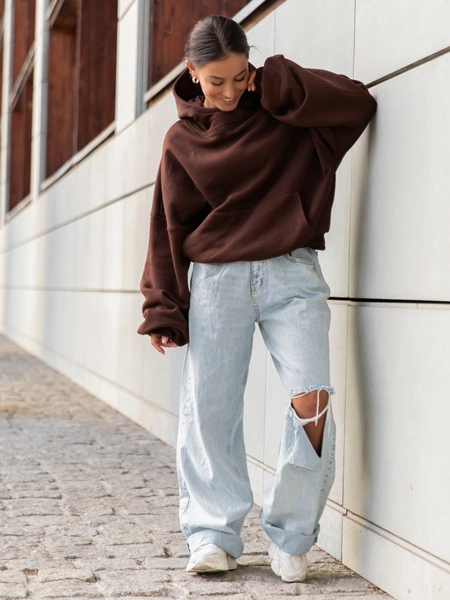 Viralowa Bawełniana BLUZA z drapanego dresu z kapturem na stójce z kieszeniami kangurka brązowa E1