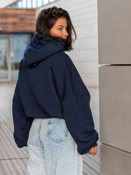 Viralowa Bawełniana BLUZA z drapanego dresu z kapturem na stójce z kieszeniami kangurka navy blue E1