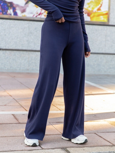 Bawełniane luźne SPODNIE z szerokimi nogawkami z dzianiny prążkowanej navy blue X462 k01