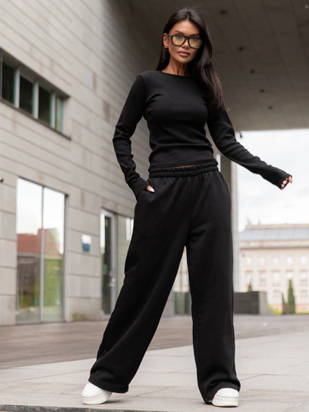 Basic Bawełniana BLUZKA z prążkowanej dzianiny czarna X355