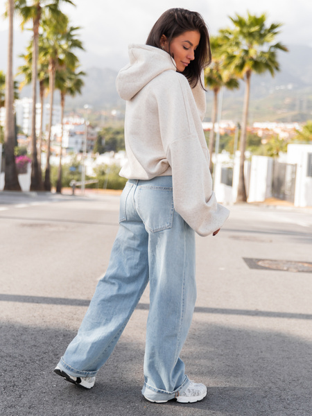 Viralowa Bawełniana BLUZA z drapanego dresu z kapturem na stójce z kieszeniami kangurka beż melanż E1k01