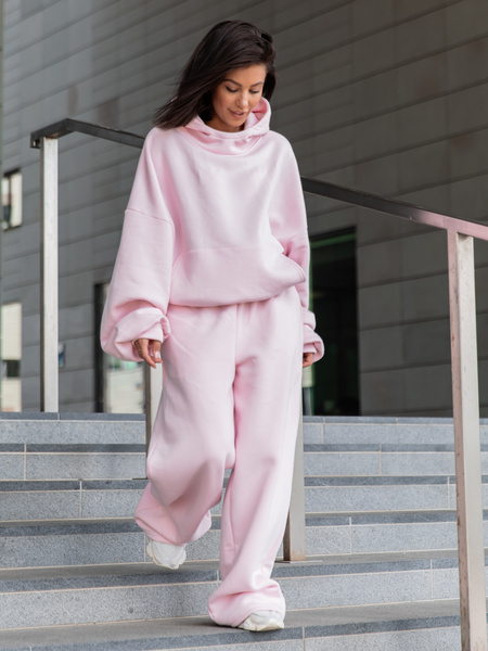 Viralowa Bawełniana BLUZA z drapanego dresu z kapturem na stójce z kieszeniami kangurka baby pink E1