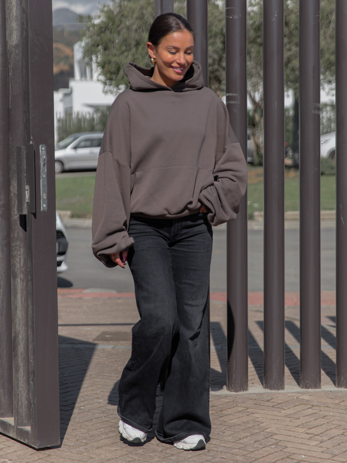 Viralowa Dresowa bawełniana BLUZA z kapturem oversize szeroka dark mokka E644