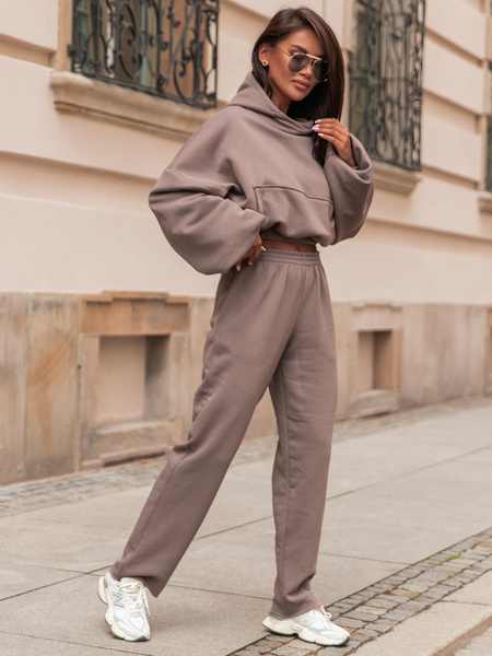 Dresowe bawełniane SPODNIE z wysokim stanem luźny krój coffee E359 k01