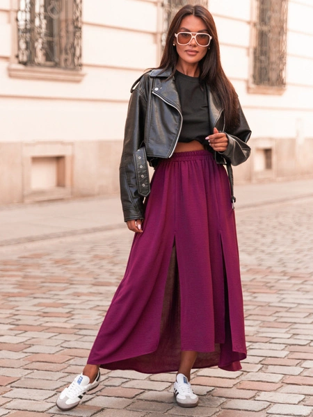 Zwiewna długa SPÓDNICA maxi z rozporkami bordowa E414