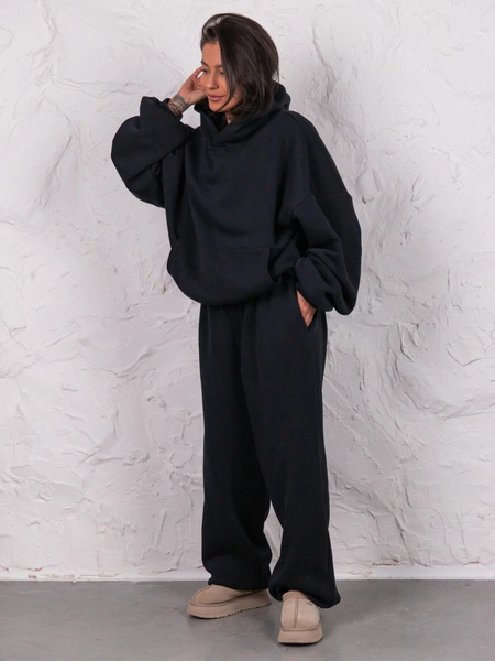 Dresowa bawełniana BLUZA z kapturem oversize szeroka czarna E644