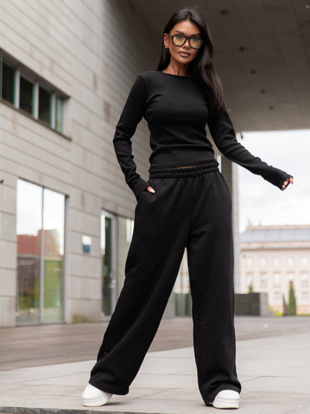 Basic Bawełniana BLUZKA z prążkowanej dzianiny czarna X355