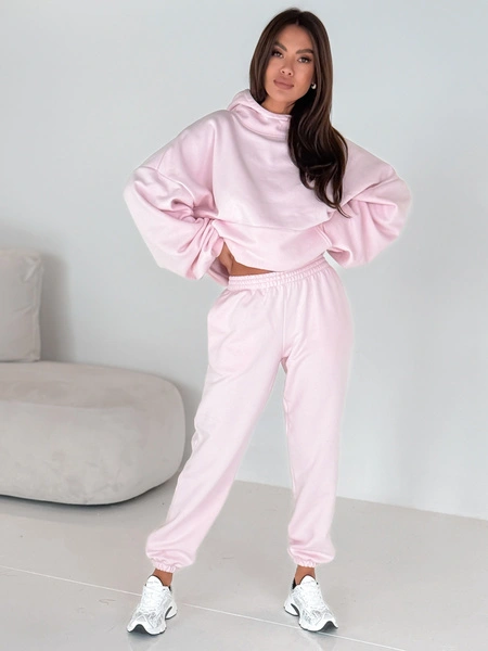 Dresowe bawełniane SPODNIE z wysokim stanem luźny krój ze ściągaczami baby pink E341