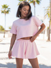 Dresowy bawełniany KOMPLET krótki oversizowy t-shirt i krótkie spodenki baby pink X133