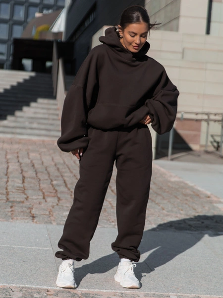 Viralowa Bawełniana BLUZA z drapanego dresu z kapturem na stójce z kieszeniami kangurka dark chocolate E1