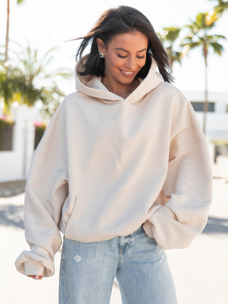 Viralowa Dresowa bawełniana BLUZA z kapturem oversize szeroka waniliowa E644 k01